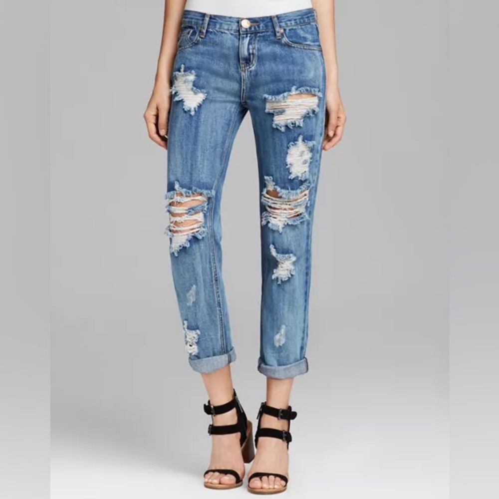 One Teaspoon awesome baggy Ripped Blue Boyfriend Jeans NWT